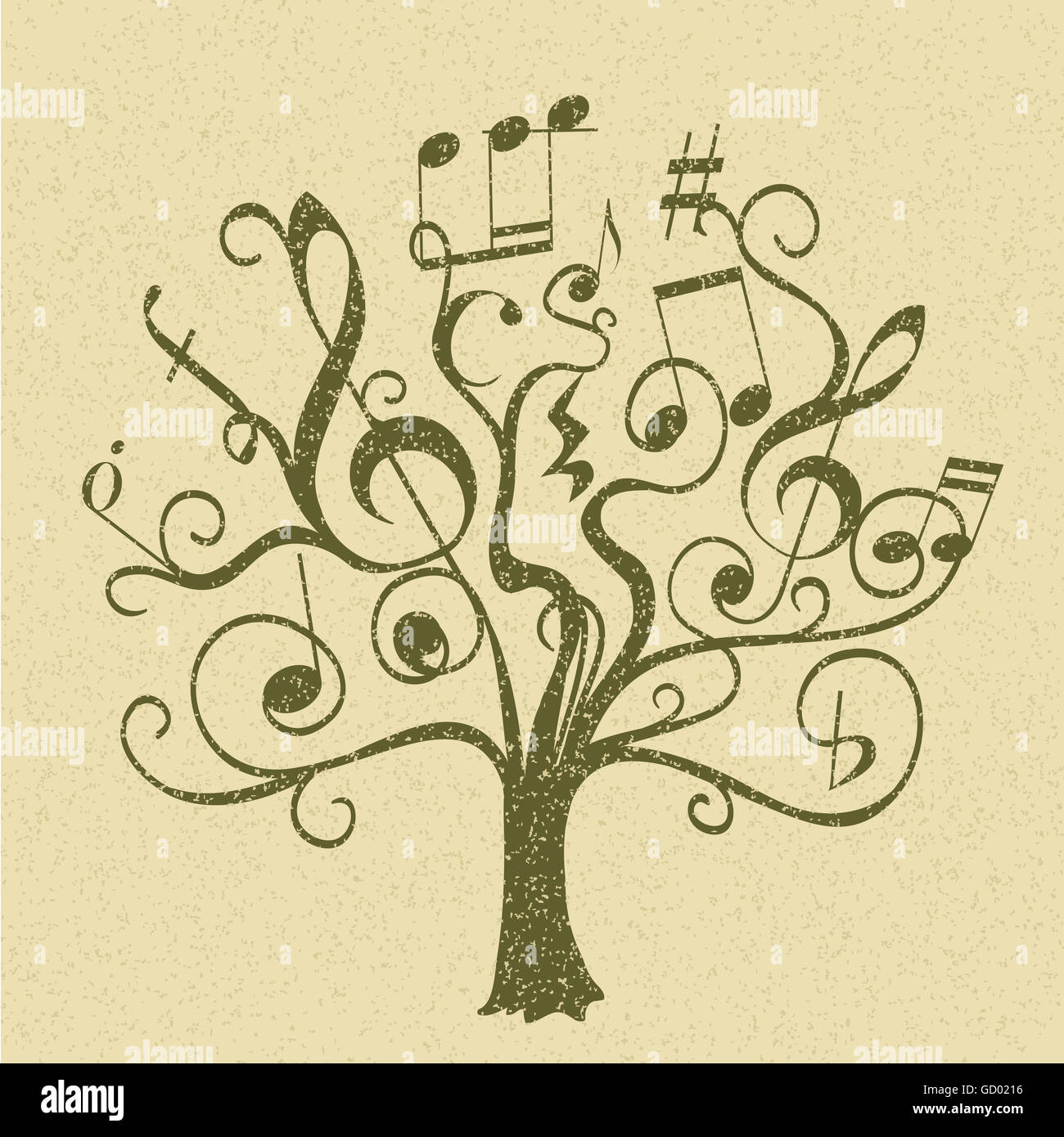Disegnata a mano albero con ramoscelli ricci con note musicali e segni come foglie e fiori. astratta illustrazione concettuale sulla musica Foto Stock