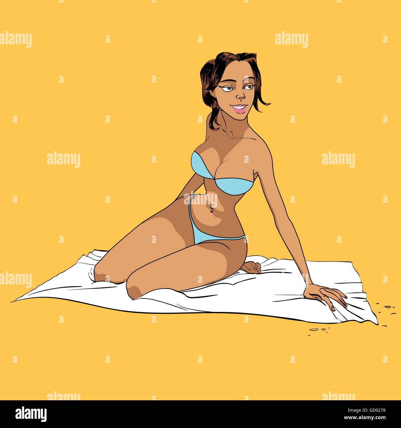 Bella ragazza sulla spiaggia in bikini Illustrazione Vettoriale