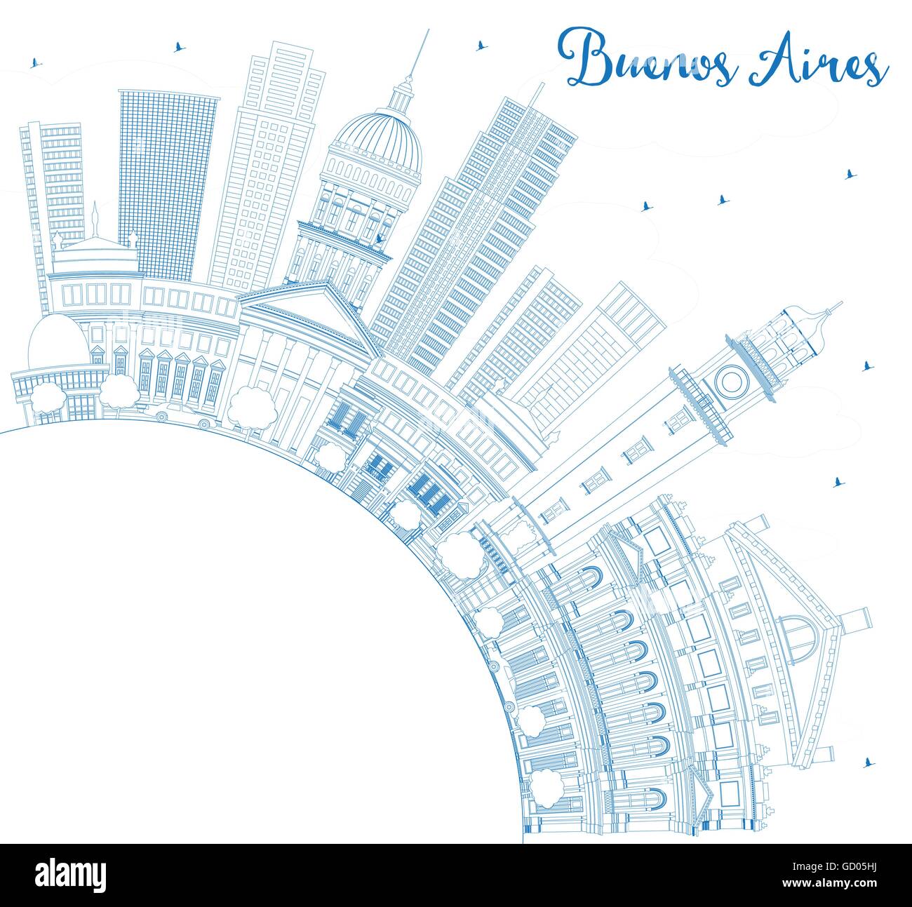 Profilo di Buenos Aires Skyline blu con punti di riferimento e copia dello spazio. Illustrazione Vettoriale. Illustrazione Vettoriale