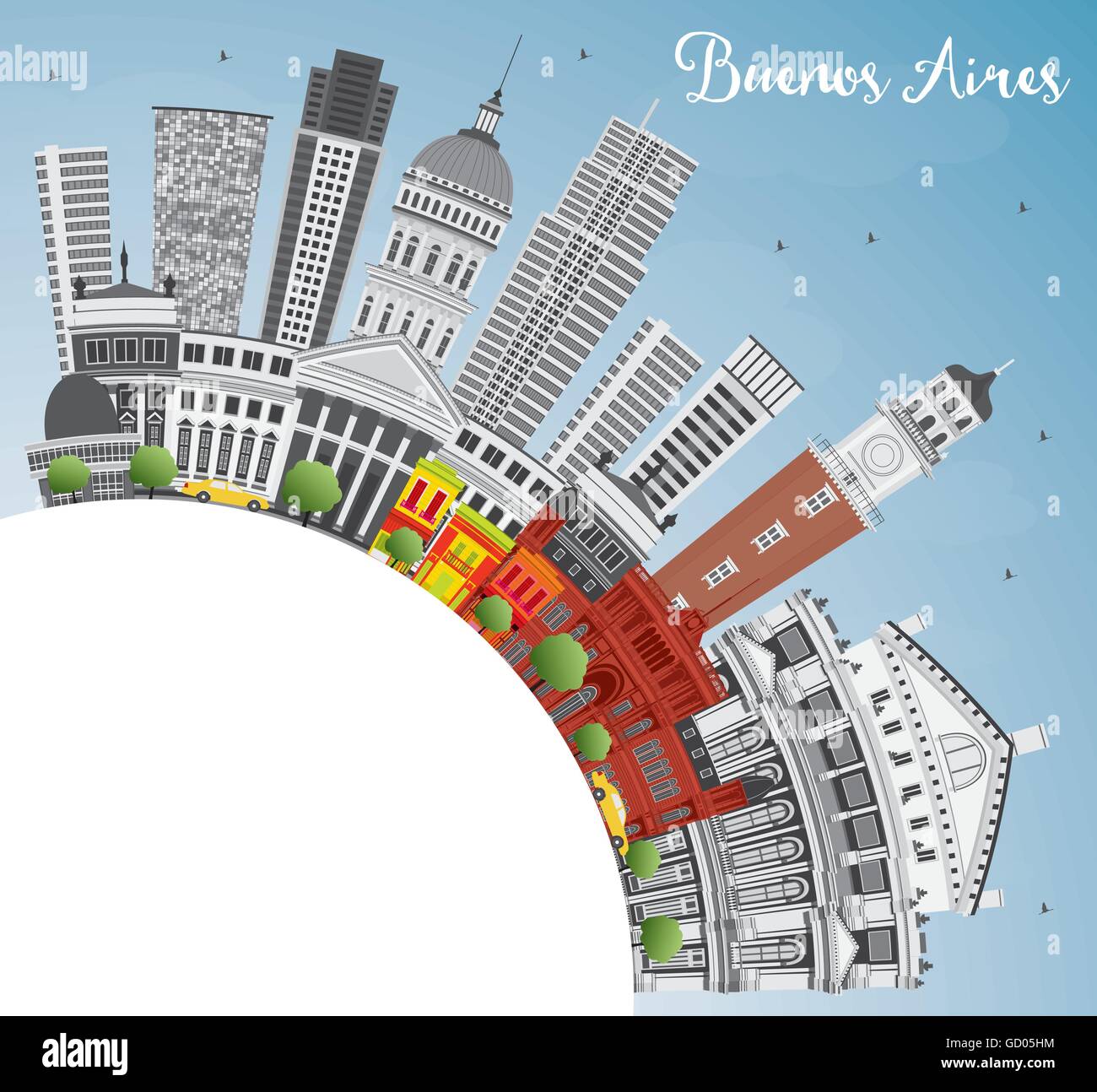 Buenos Aires Skyline con punti di riferimento di colore, il blu del cielo e spazio di copia. Illustrazione Vettoriale. Illustrazione Vettoriale