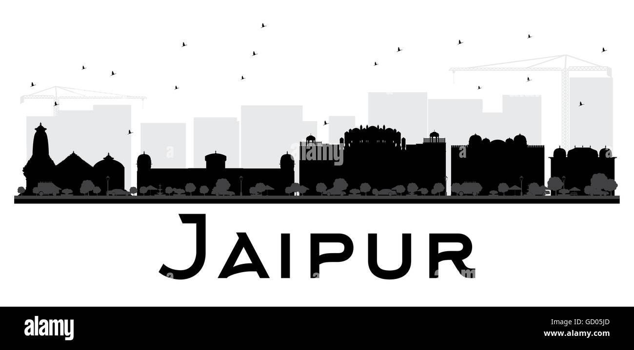 Jaipur skyline della città in bianco e nero la silhouette. Illustrazione Vettoriale. Piatto semplice concetto per il turismo presentazione, banner Illustrazione Vettoriale