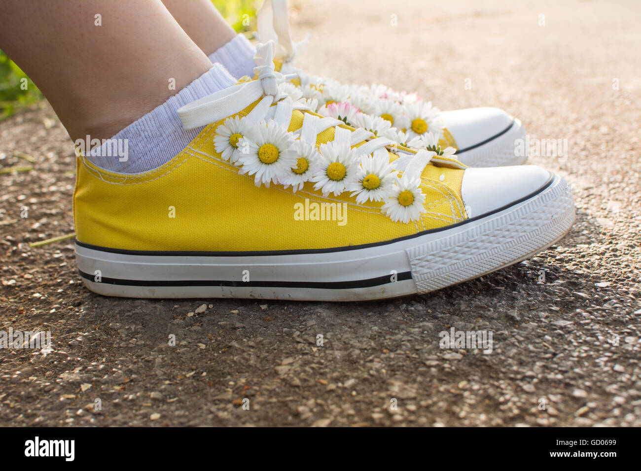 Sneakers giallo decorato con margherite nel parco Foto Stock