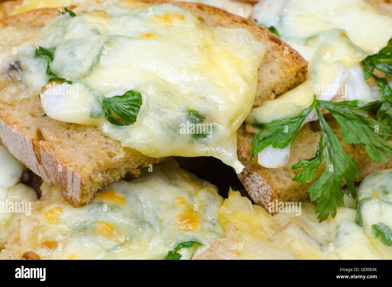 Pane grigliato con formaggio fuso e prezzemolo Foto Stock