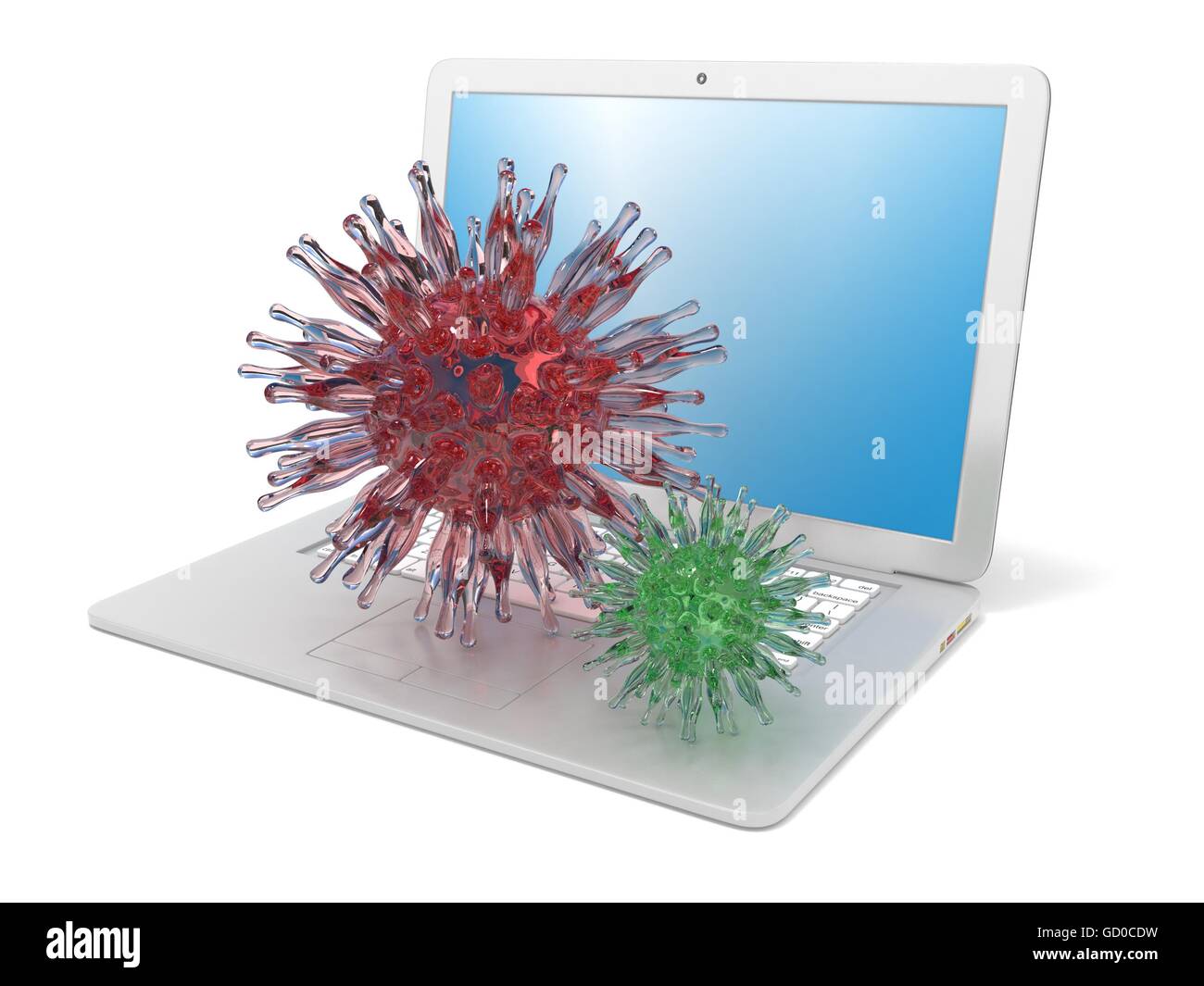 Computer portatile con il rosso e il verde virus su di esso. Concetto di software pericolosi. 3D render illustrazione isolati su sfondo bianco Foto Stock