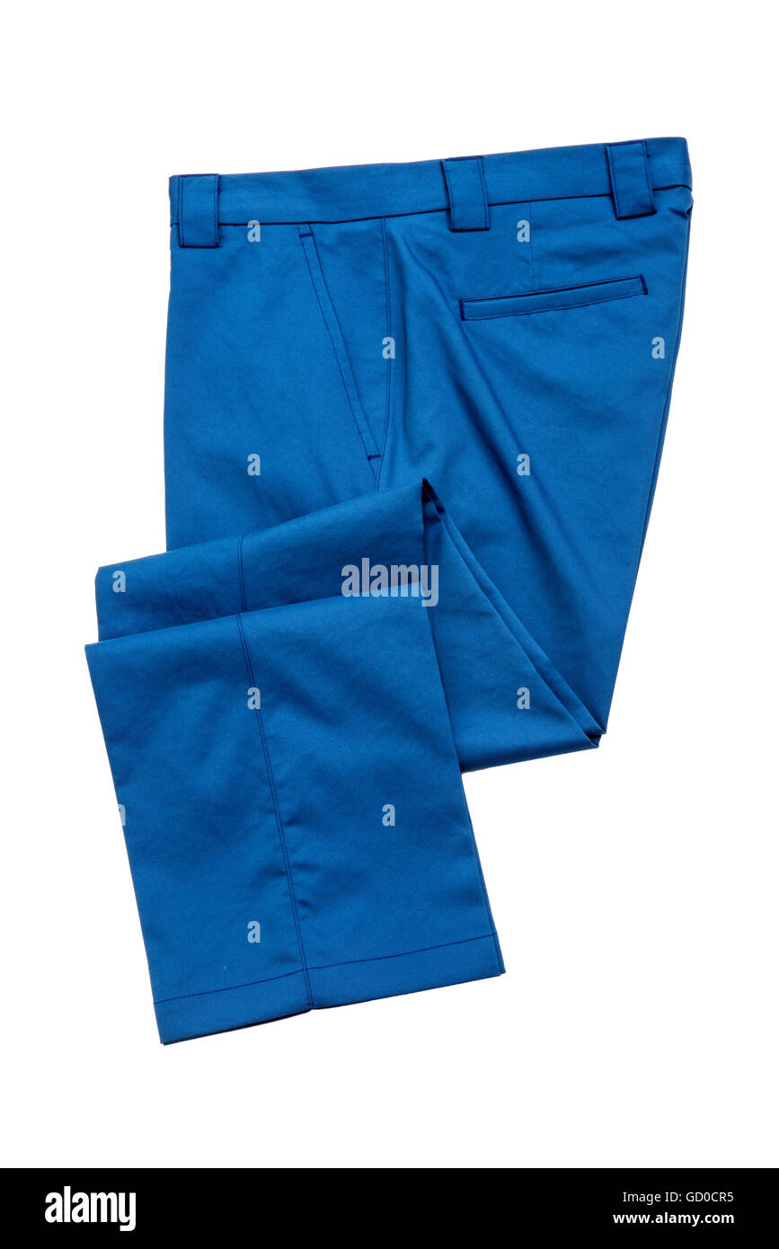Luce blu pantaloni, pantaloni da uomo su sfondo bianco Foto Stock