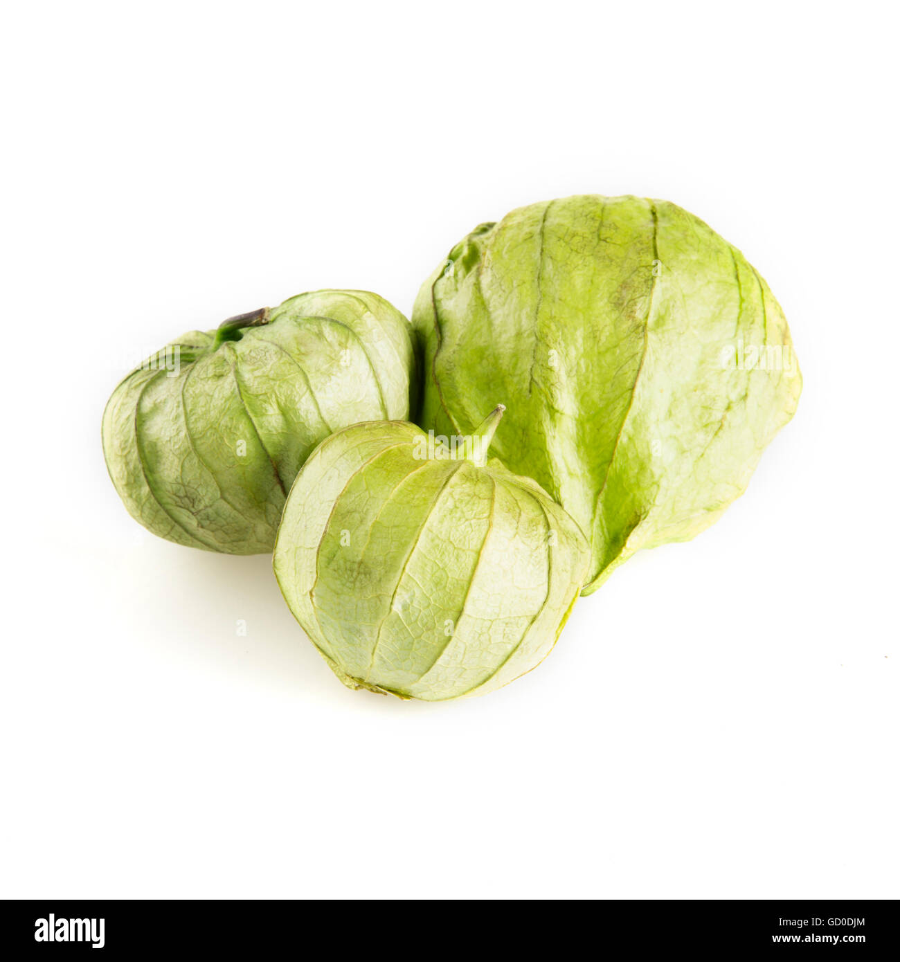 Tre tomatillos isolato su uno sfondo bianco. Foto Stock