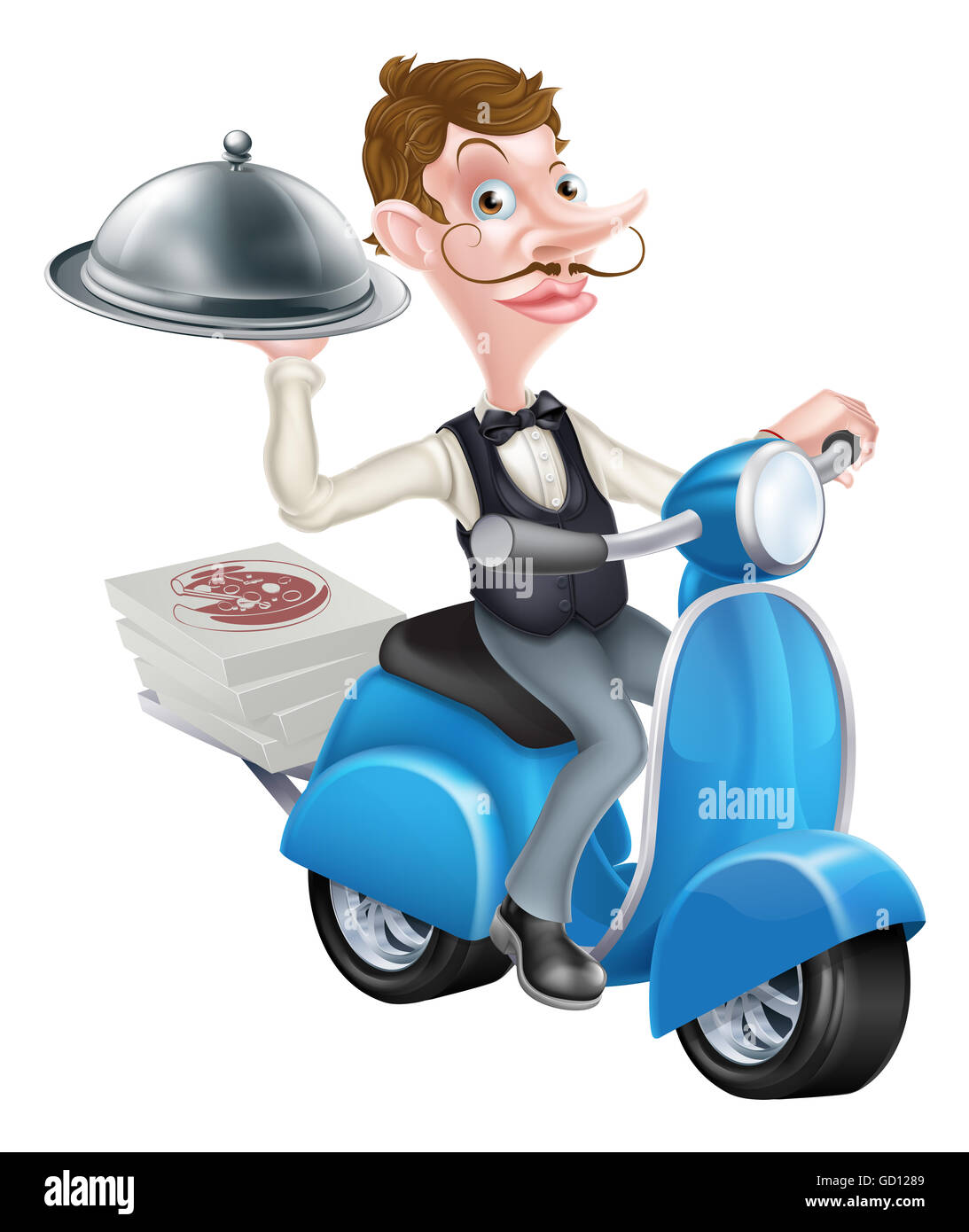 Una illustrazione di un cartoon cameriere sul ciclomotore Scooter a consegnare il cibo Foto Stock