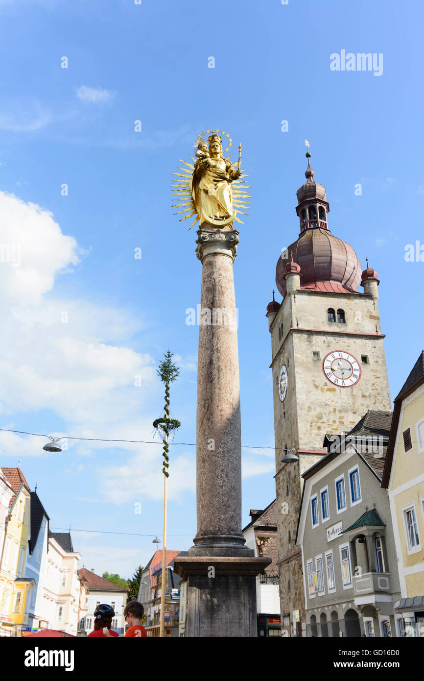 Waidhofen an der Ybbs: Upper town square con colonna mariana e la torre della città, Austria, Niederösterreich, Bassa Austria, Mostvierte Foto Stock