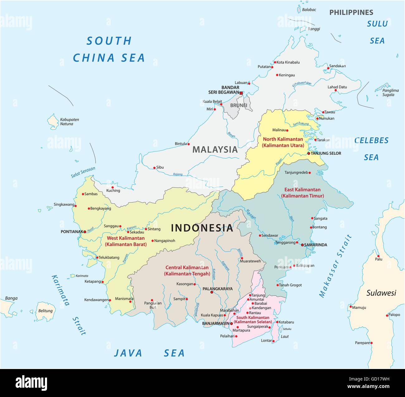 Politica e amministrativa di mappa vettoriale dell Indonesia i distretti in Islanda Borneo / Kalimantan Illustrazione Vettoriale