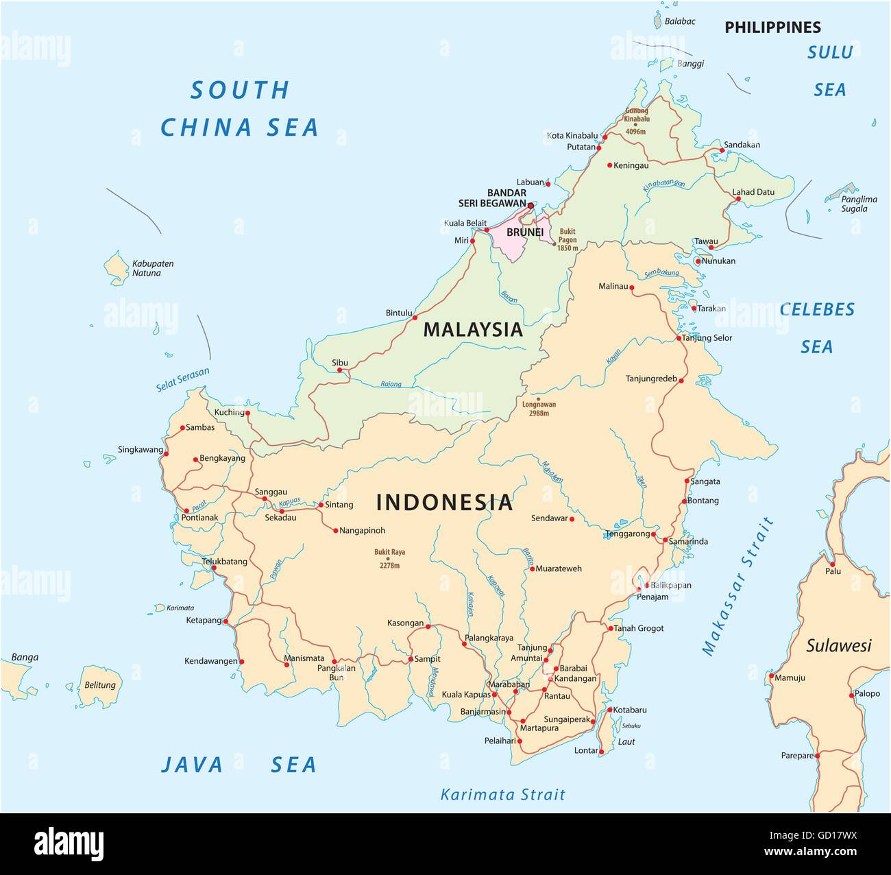Vettore mappa stradale di Iseland Borneo / Kalimantan Illustrazione Vettoriale