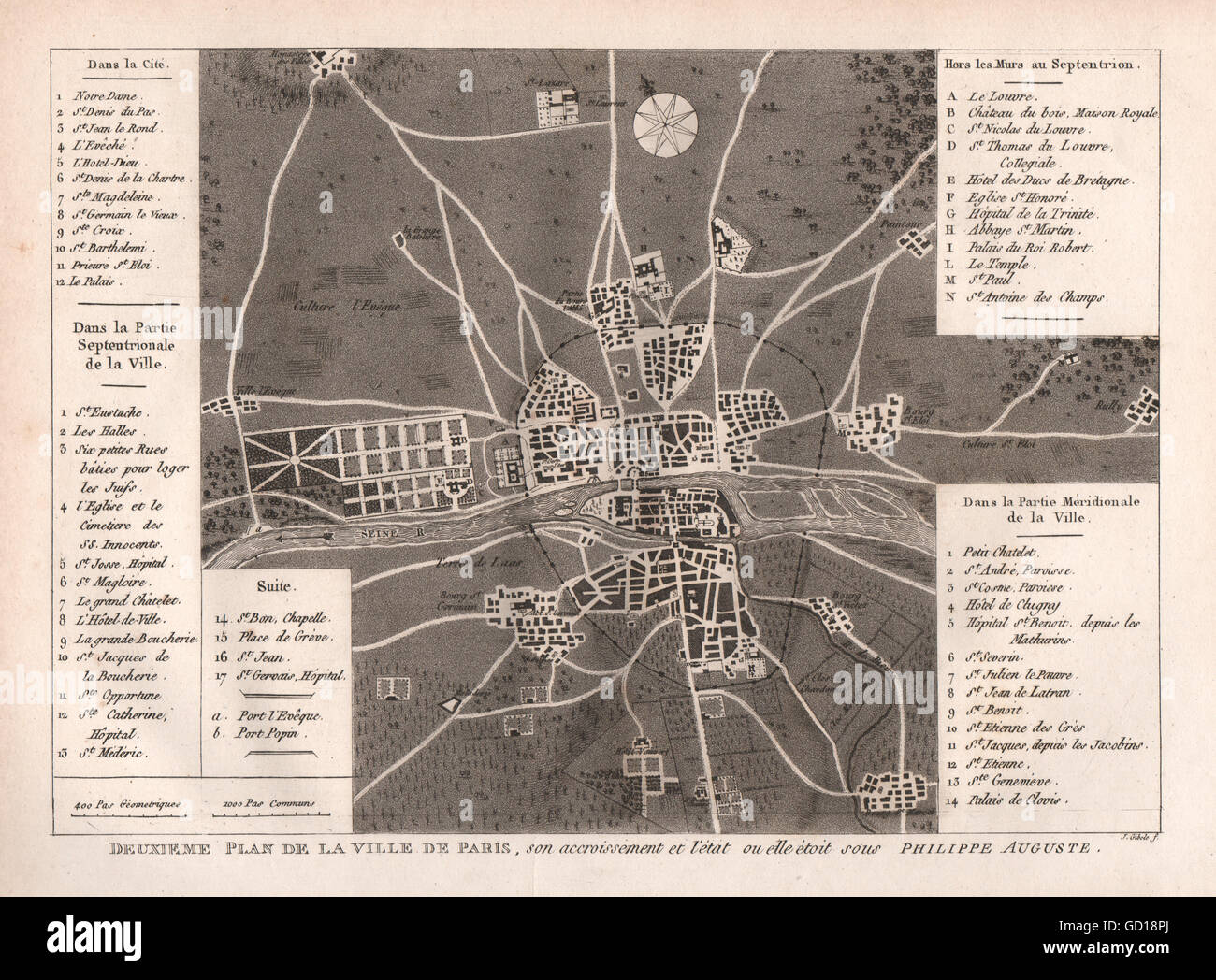 VILLE DE PARIS c1200: sous Philippe Auguste. Città pianta della città. La puntasecca, 1808 Mappa Foto Stock