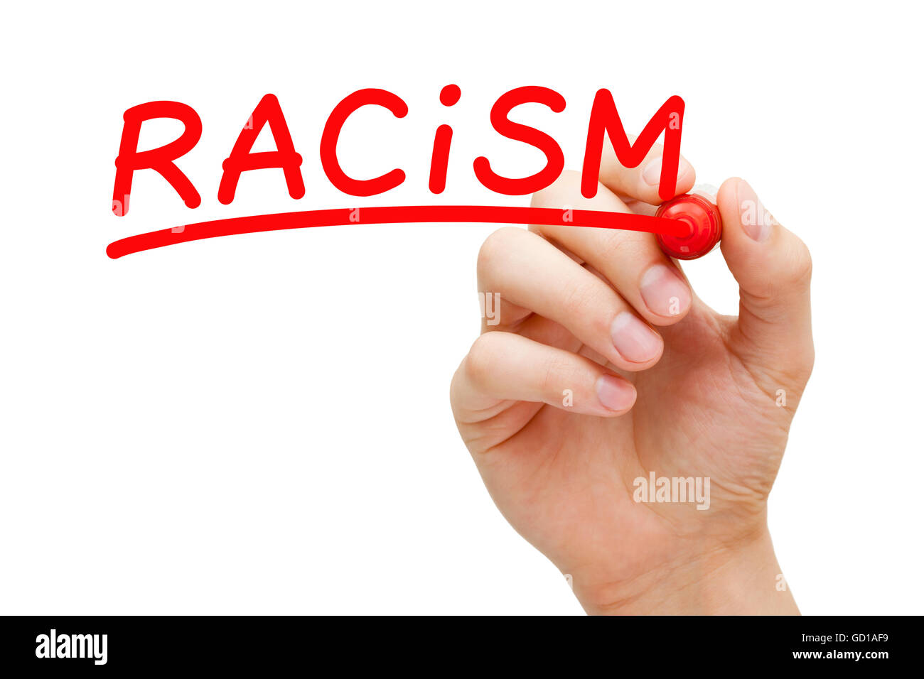 La scrittura a mano il razzismo con contrassegno rosso sulla cancellazione trasparente stampato. Foto Stock