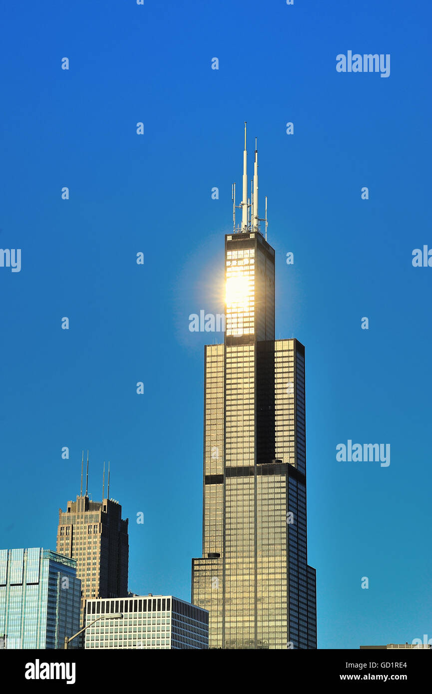 Chicago's Willis Tower (precedentemente la Sears Tower) che riflette la luminosità del sole al tramonto su una sera d'estate. Chicago, Illinois, Stati Uniti d'America. Foto Stock
