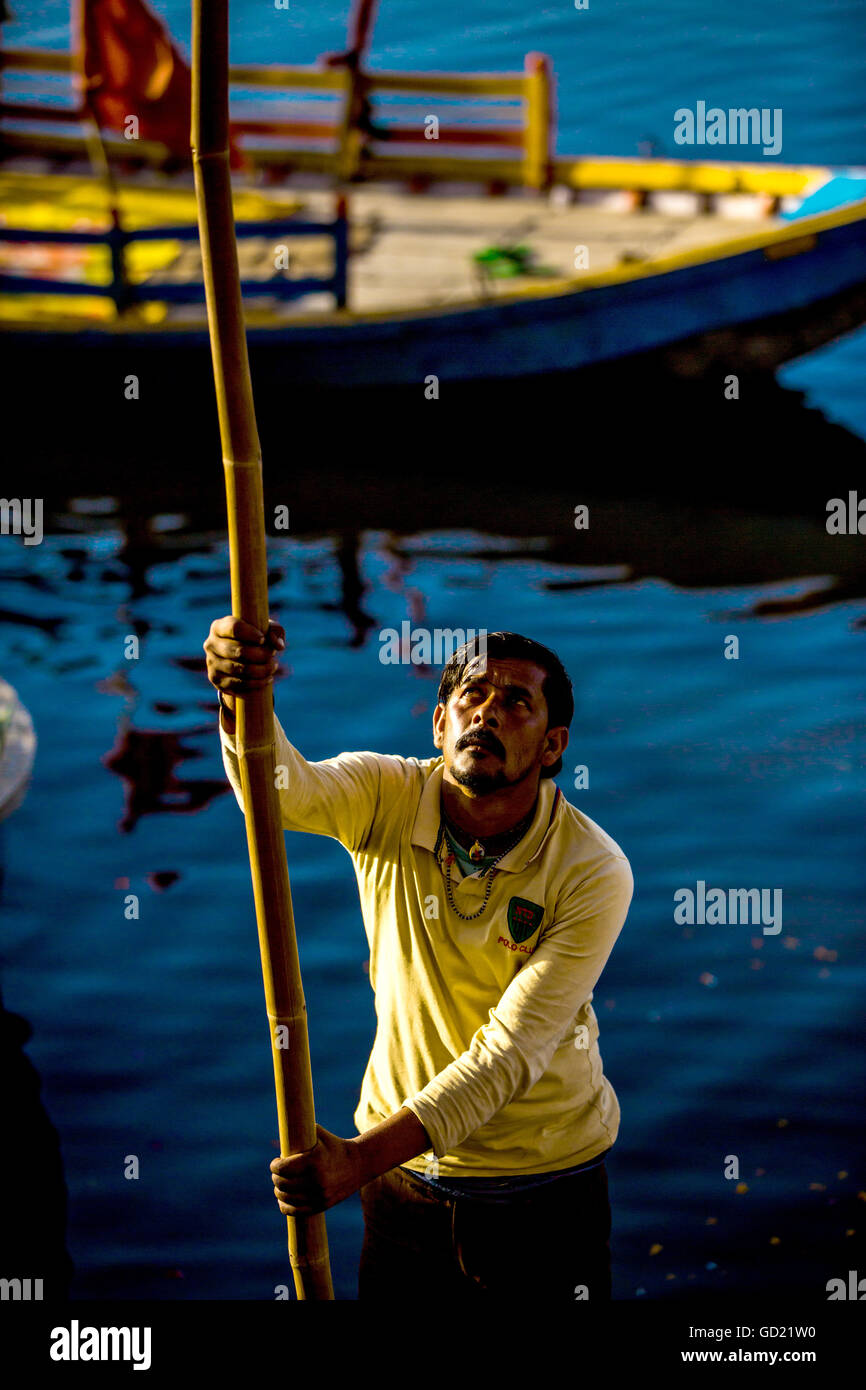 Indian gondoliere, fiore Holi festival, Vrindavan, Uttar Pradesh, India, Asia Foto Stock