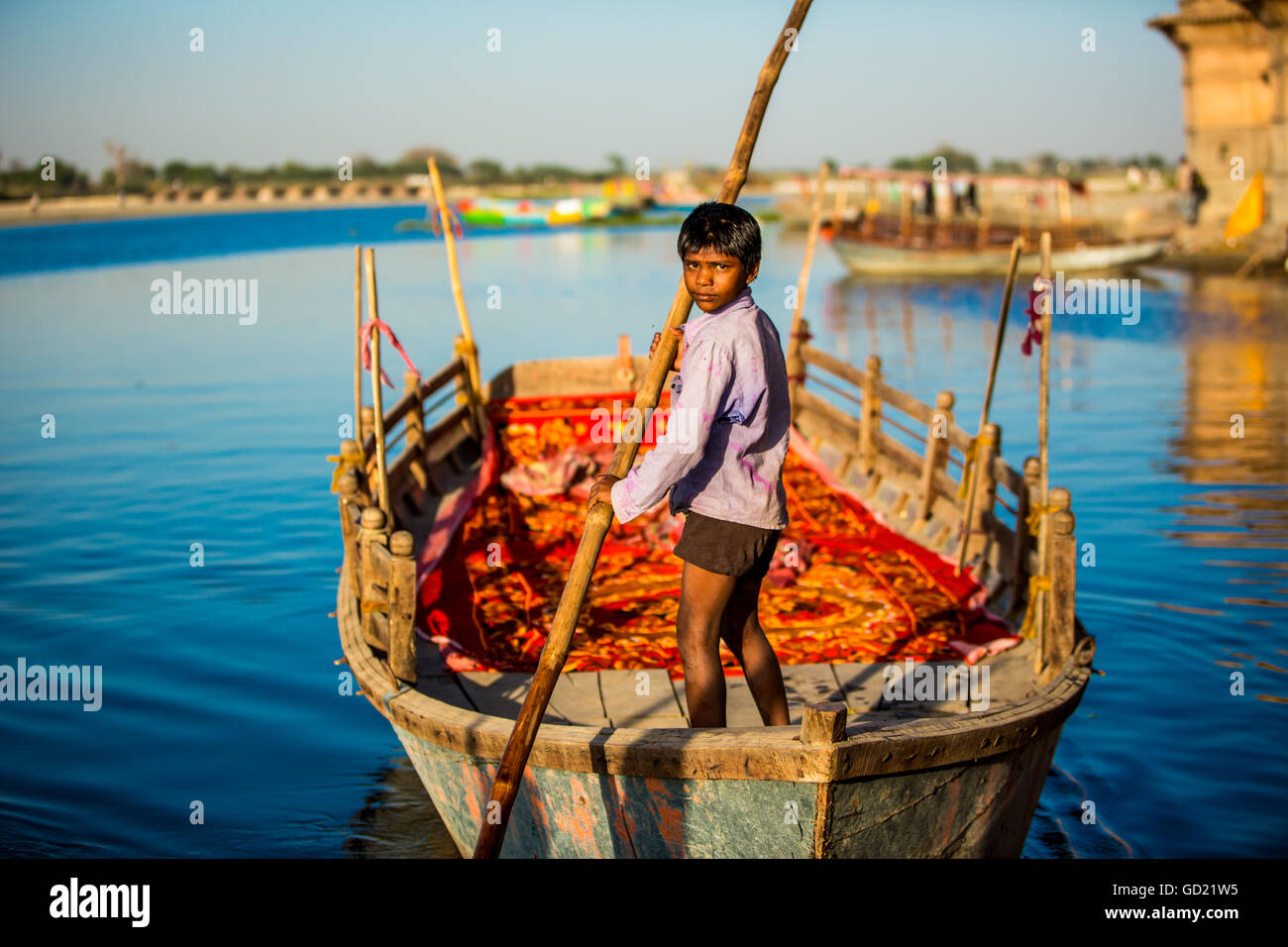 Ragazzo indiano gondoliere, fiore Holi festival, Vrindavan, Uttar Pradesh, India, Asia Foto Stock
