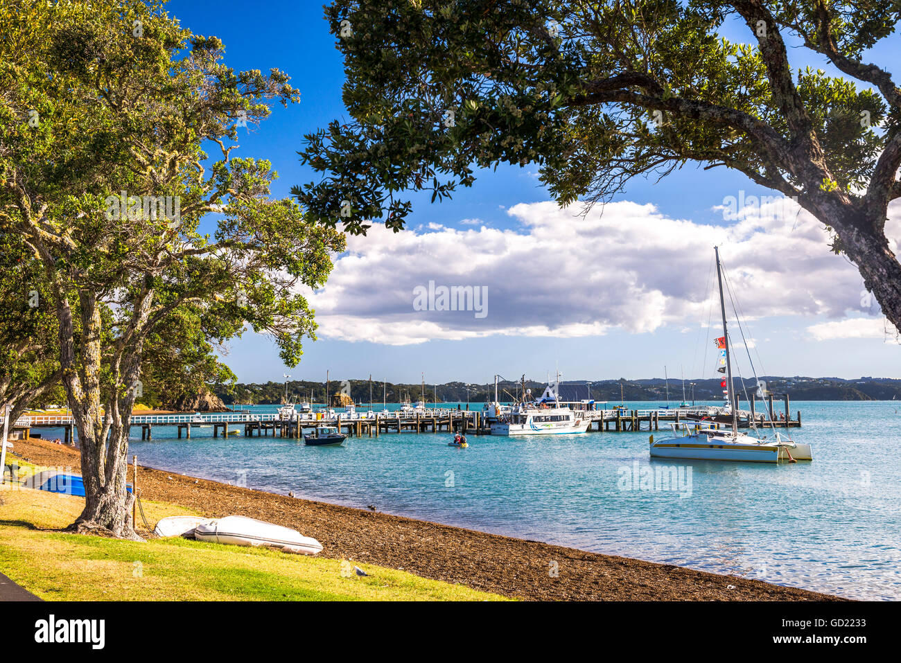 Barche a vela nel porto di Russell, Baia delle Isole, regione di Northland, Isola del nord, Nuova Zelanda, Pacific Foto Stock