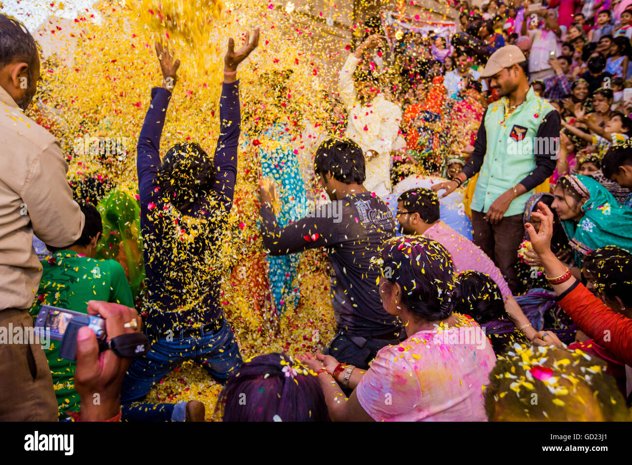 La folla gettando petali di fiori durante il fiore Holi festival, Vrindavan, Uttar Pradesh, India, Asia Foto Stock
