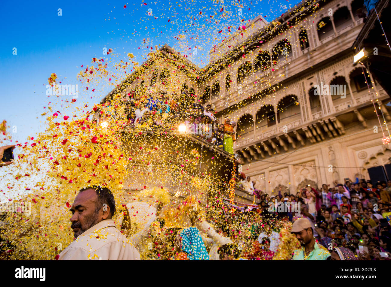La folla gettando petali di fiori durante il fiore Holi festival, Vrindavan, Uttar Pradesh, India, Asia Foto Stock
