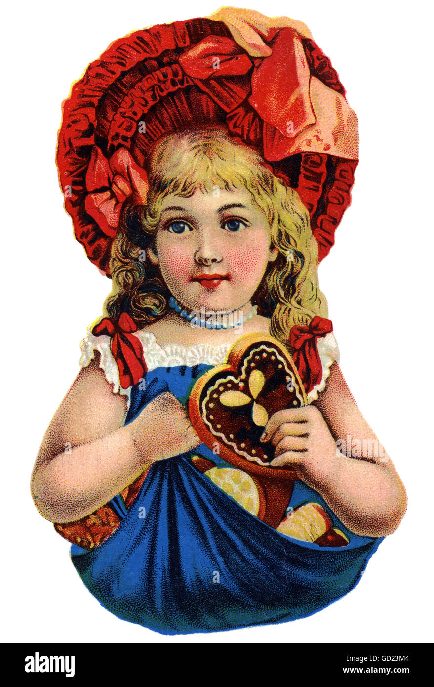 Kitsch/cards/souvenir, ragazza con cuore di pan di zenzero, foto di rottame, litografia, Austria, circa 1900, diritti aggiuntivi-clearences-non disponibile Foto Stock