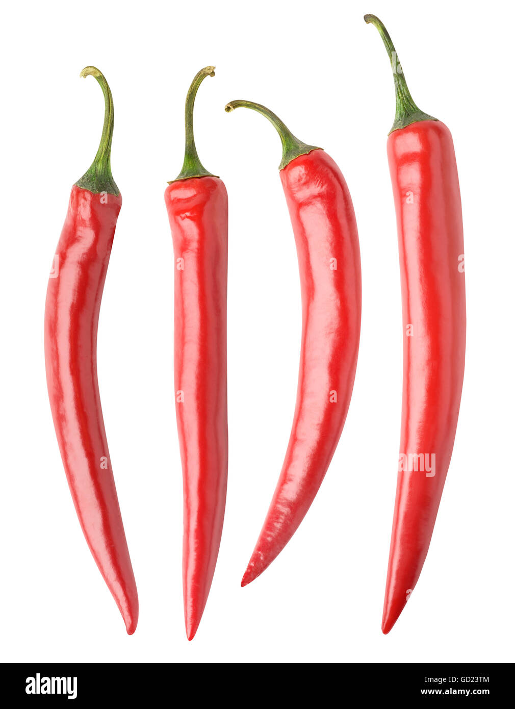 Raccolta di vari red hot chili peppers isolato su sfondo bianco con tracciato di ritaglio Foto Stock