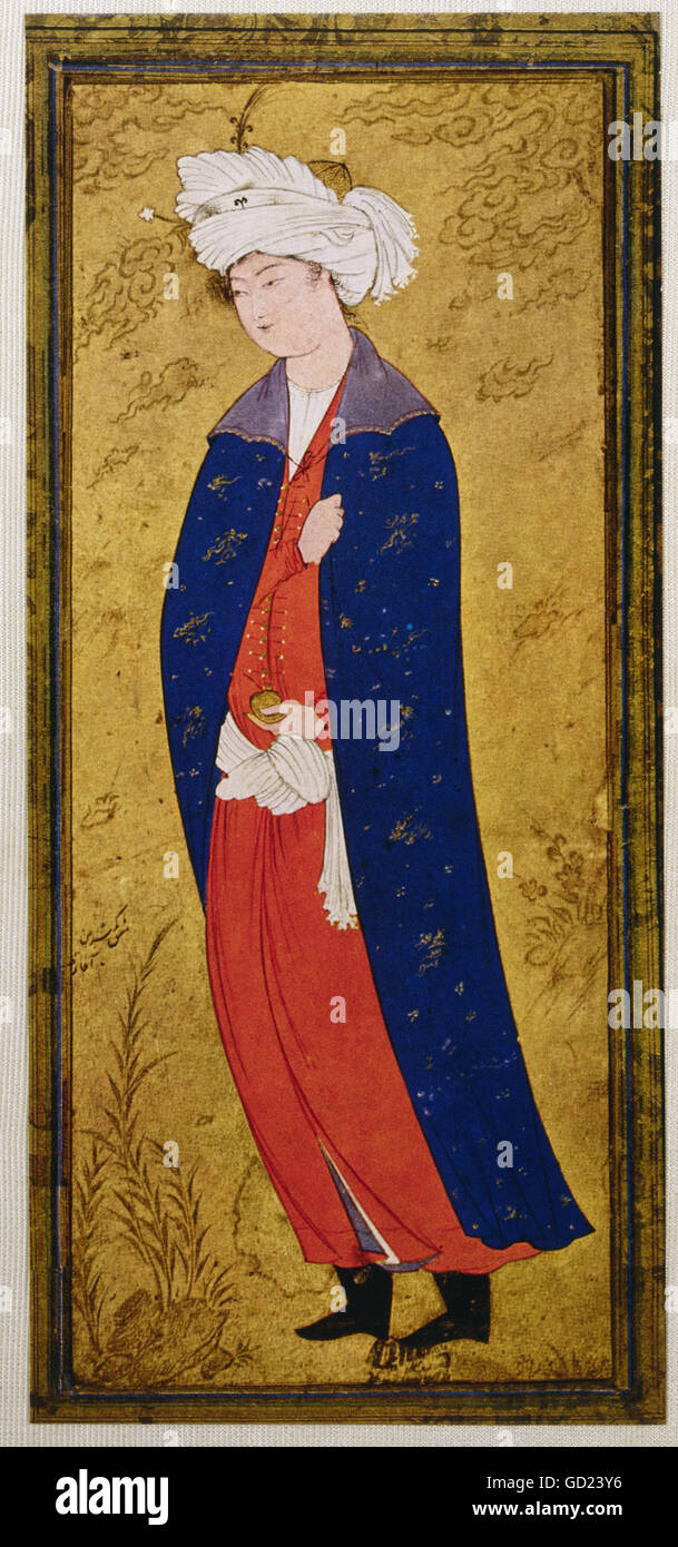 Belle arti, arte islamica, la Persia, pittura, cortigiano con Blue Coat, miniaturizzato da aqa Riza, Mashhad, circa 1550, collezione privata, artista del diritto d'autore non deve essere cancellata Foto Stock