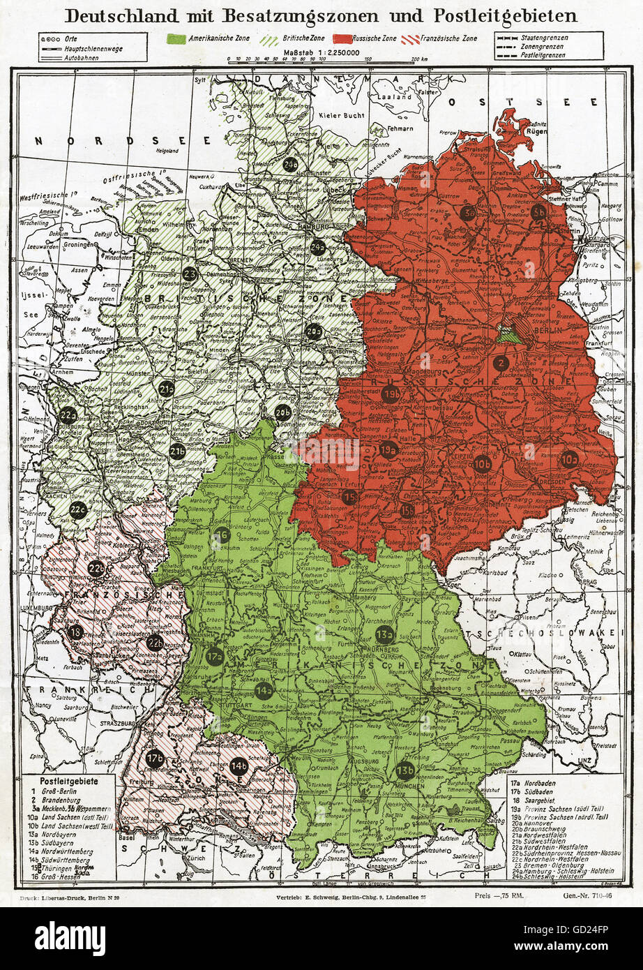 Cartografia, mappe, Germania, zone alleate di occupazione e codici postali, E. Schwesig, Berlino, 1945, diritti aggiuntivi-clearences-non disponibili Foto Stock