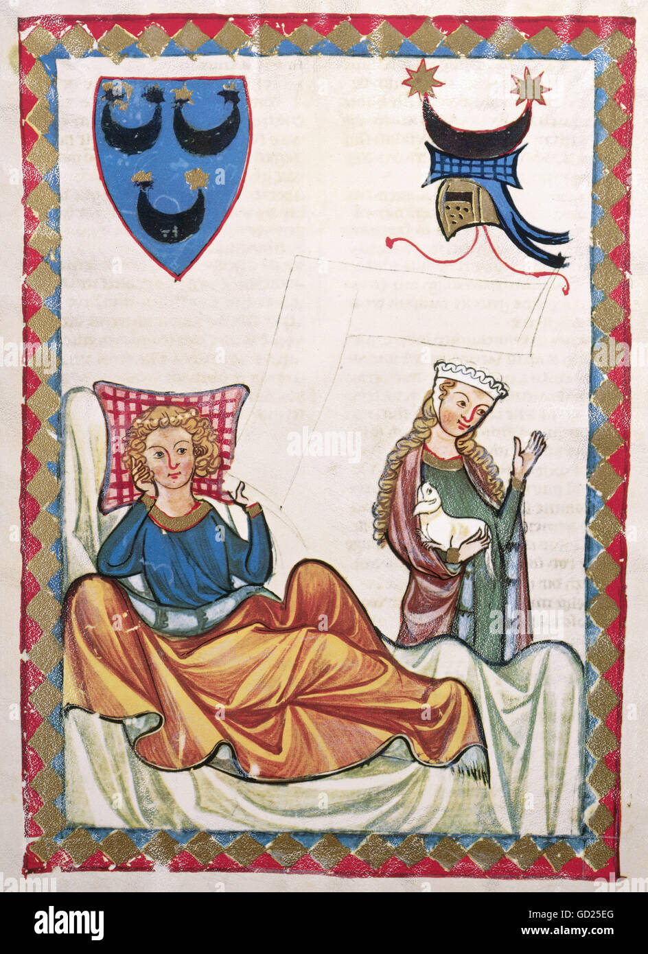 Belle arti, medioevo, gotico, illuminazione, Codex Manesse, Zurigo, 1305 - 1340, Heinrich von Morungen (+ um 1220), colore di copertura su pergamena, Università di Heidelberg Biblioteca , artista del diritto d'autore non deve essere cancellata Foto Stock
