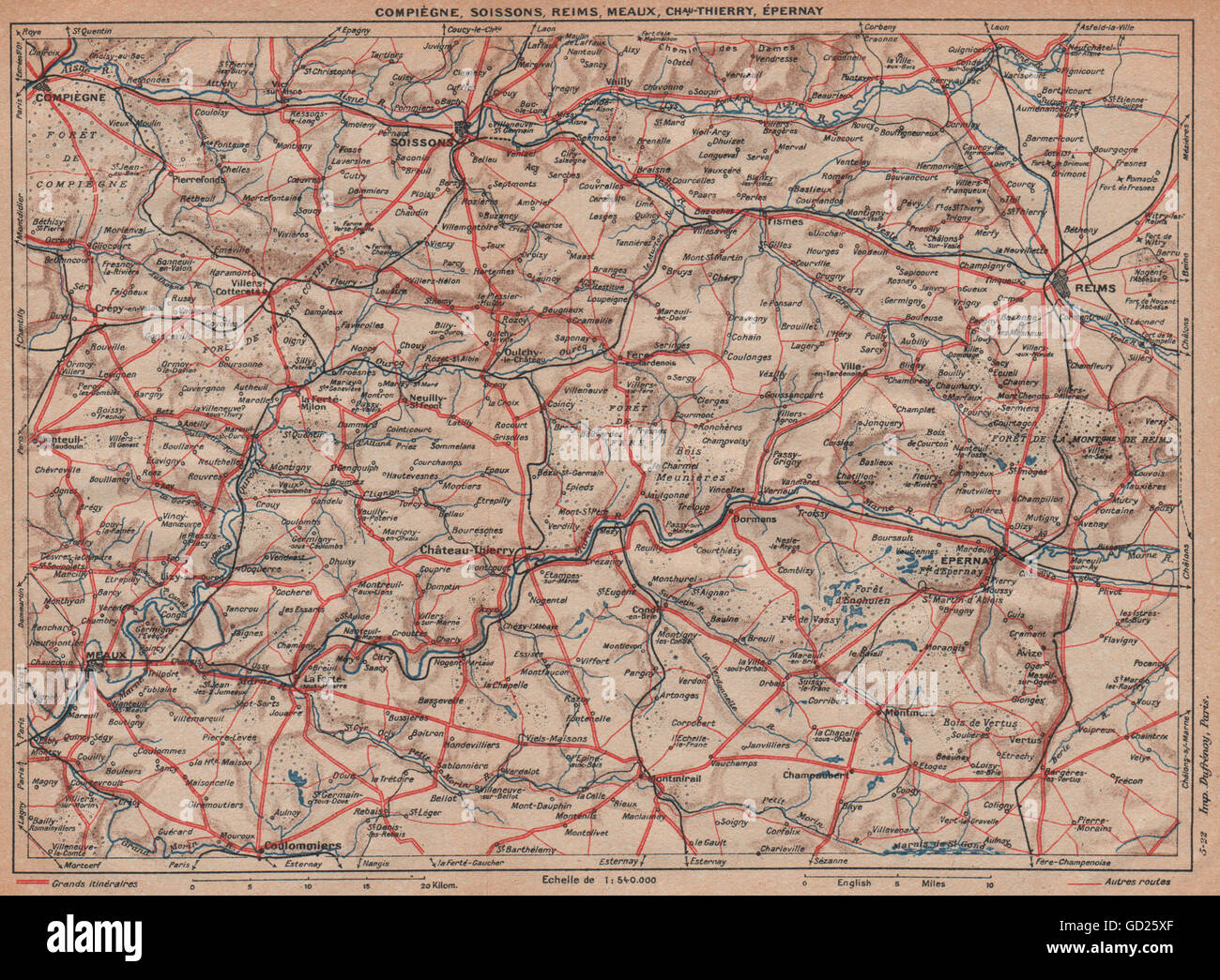 AISNE & MARNE valli. Reims Meaux Soissons Épernay Champagne Oise, 1922 Mappa Foto Stock