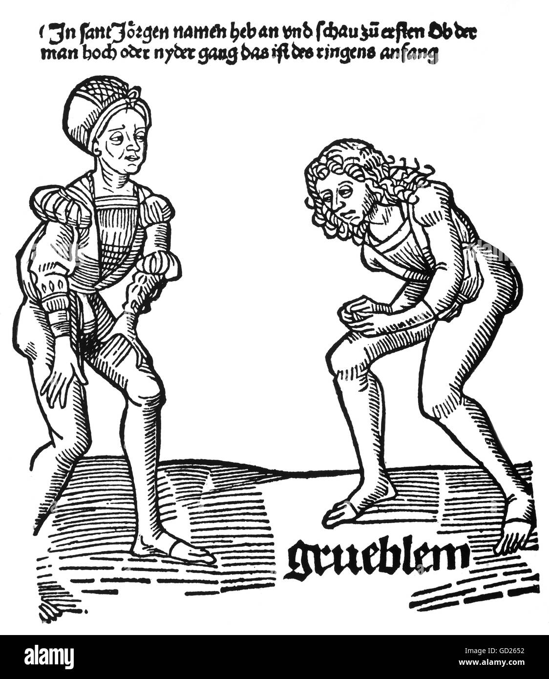 Sport, wrestling, illustrazione del titolo del libro di wrestling 'Ronerkunst' (arti di wrestling) di Fabian von Auerswald, Wattenberg, il Tirolo, 1539, Additional-Rights-Clearences-Not Available Foto Stock
