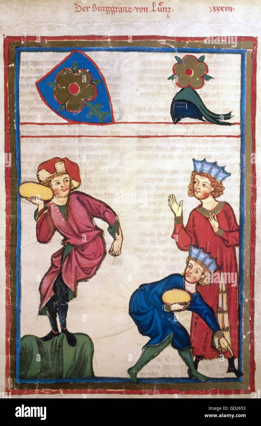Tempo libero / sport, burgravio di Luenz in gara atletica di lancio di pietra con due compagni, in miniatura da Manesse calligrafia, colore copertura su vellum, Zurigo, 14 ° secolo, storico, biblioteca universitaria Heidelberg, Germania, minnesinger, trovatore, minstrel, minstrel, tiro, lancio, servitori, pour, versing, tavolo, giocatore, giocatori, Medioevo, atleti, atleti, atleti, Medievale, medievale, persone, diritti aggiuntivi-clearences-non disponibile Foto Stock