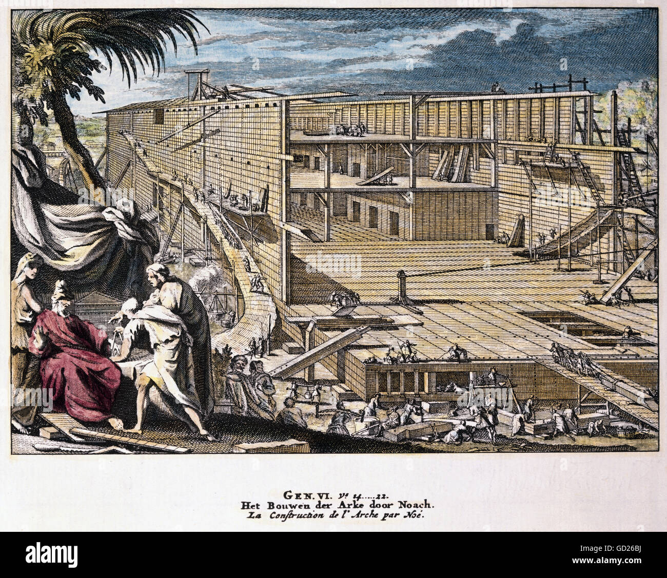 La religione, scene bibliche, l'Arca di Noè, colorato di incisione su rame di Jan Goeree, Amsterdam, 1730, artista del diritto d'autore non deve essere cancellata Foto Stock