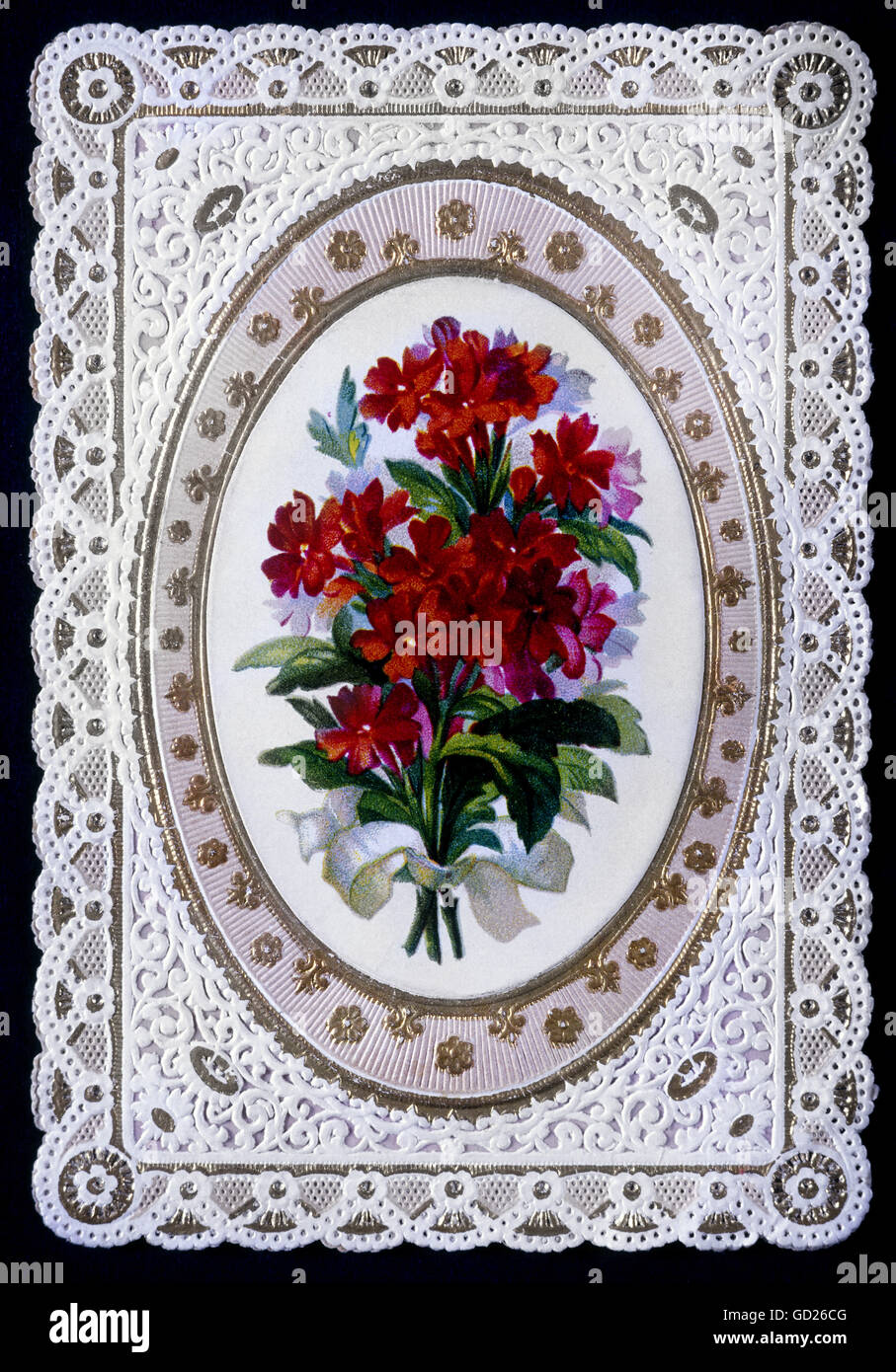 Festivita', biglietti d'auguri, biglietti d'auguri, carta preziosa,  cromolitografia, goffratura d'oro, forato, ornamento fiorito incollato,  circa 1890, diritti-aggiuntivi-non disponibili Foto stock - Alamy