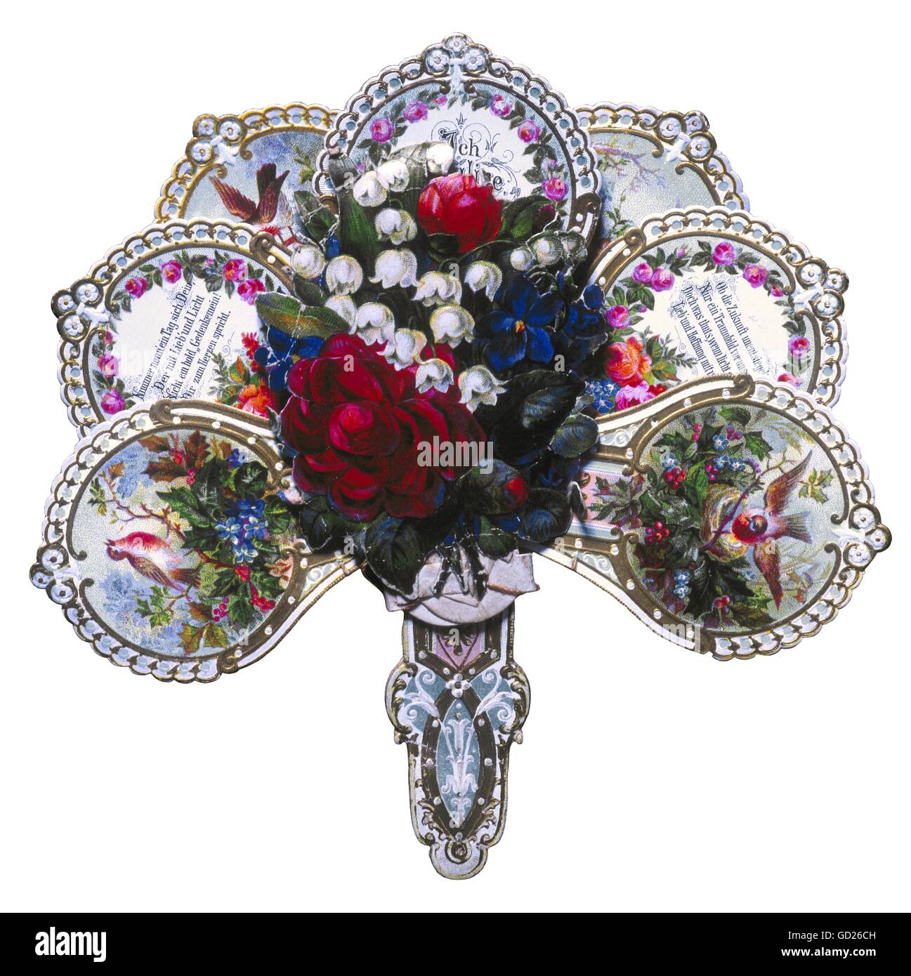Festivita', biglietti d'auguri, biglietto d'auguri a ventaglio con fiori, uccelli e canti, cromolitografia su carta pregiata, goffrata, piercata, circa 1890, diritti aggiuntivi-clearences-non disponibili Foto Stock