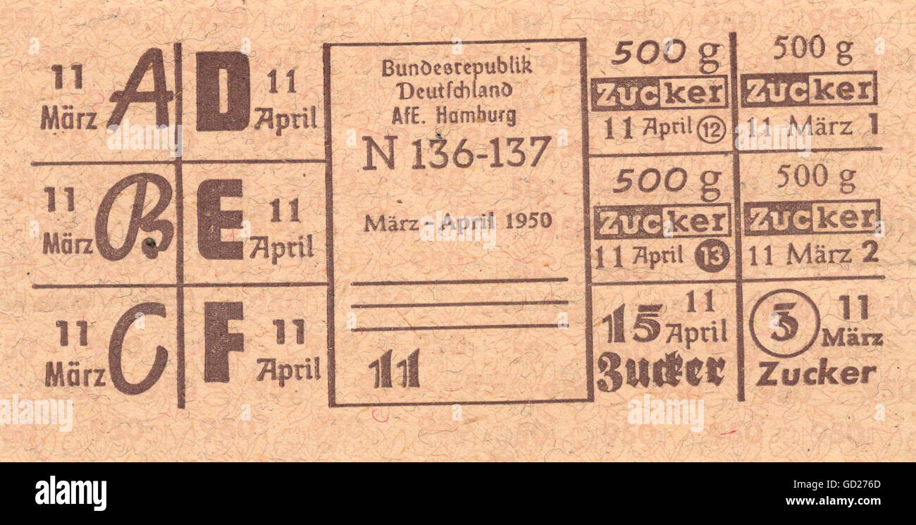 Commercio, cibo, carta di ratazione alimentare per zucchero, Amburgo, Germania occidentale, valida nel marzo e aprile 1950 Germania, era postbellica, cibo, razionamento, fornitura, povertà, condizioni, miseria, economia, negli anni cinquanta del ventesimo secolo storico, storico, clipping, cut-out, cut-out, ventesimo secolo, anni cinquanta, diritti aggiuntivi-clearences-non disponibili Foto Stock