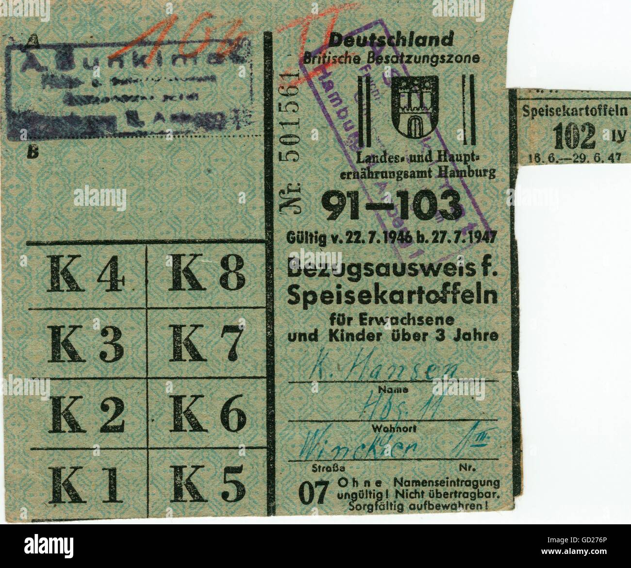 Periodo post-bellico, Germania, Amburgo, zona occupata britannica, tessera di razione alimentare per patate per adulti e bambini di età superiore a 3 anni, valida dal 22.07.1946 al 27.07.1947, diritti aggiuntivi-clearences-non disponibile Foto Stock