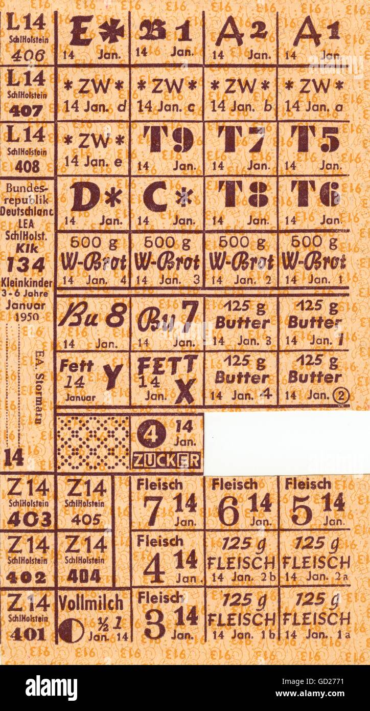Commercio, cibo, Schleswig-Holstein, la metà di una razione di cibo per bambini piccoli tra i 3 e 6 anni, valida nel gennaio 1950, diritti aggiuntivi-clearences-non disponibile Foto Stock