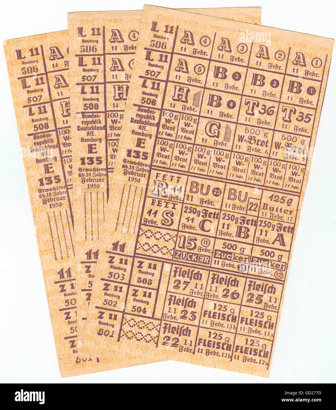 Commercio, cibo, 3 carte di razione alimentare per adulti di età superiore ai 16 anni, Amburgo, Germania, febbraio 1950, , diritti aggiuntivi-clearences-non disponibile Foto Stock