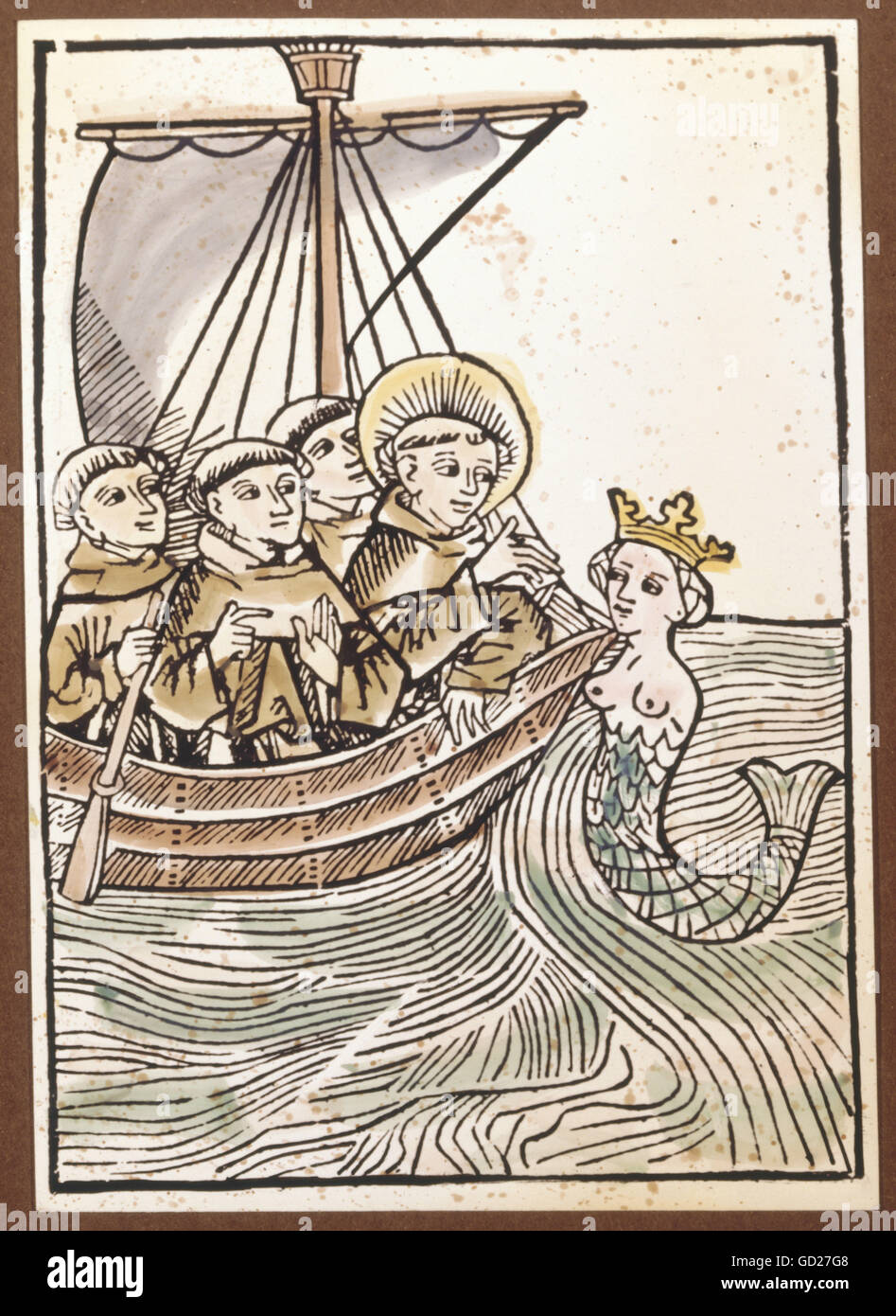 Superstizione, creatura mitologica, sirena, 'il miracoloso viaggio marittimo di San Brendan', intagliato in legno colorato dell'edizione incunabolare di Basilea, stampato da Michael Furter, collezione privata, 1491, diritti aggiuntivi-clearences-non disponibile Foto Stock