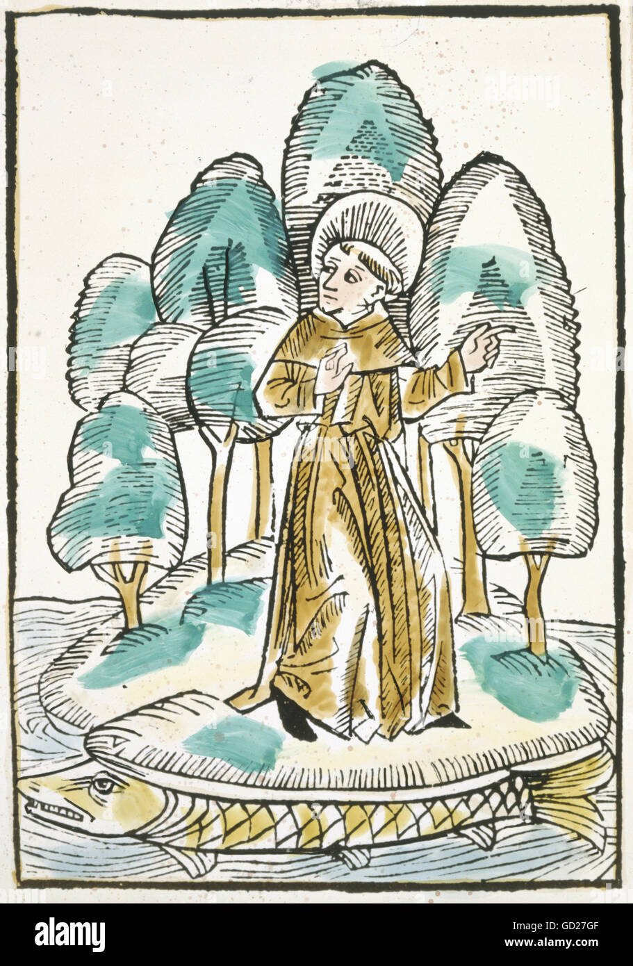 Superstizione, creatura mitologica, pesce gigante, 'il viaggio miracoloso di San Brendan', intagliato a colori dell'edizione incunabolare di Basilea, stampato da Michael Furter, collezione privata, 1491, Additional-Rights-Clearences-Not Available Foto Stock