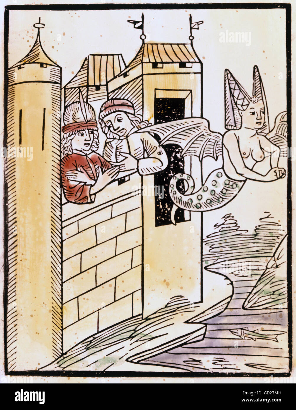 Superstizione, creature mitologiche, Melusine, che volava di nuovo nel suo regno marino, intagliato in legno colorato dal romanzo di Melusine, stampato da Bernhard Richel (Reichel), Basilea, circa 1490, Additional-Rights-Clearences-Not Available Foto Stock