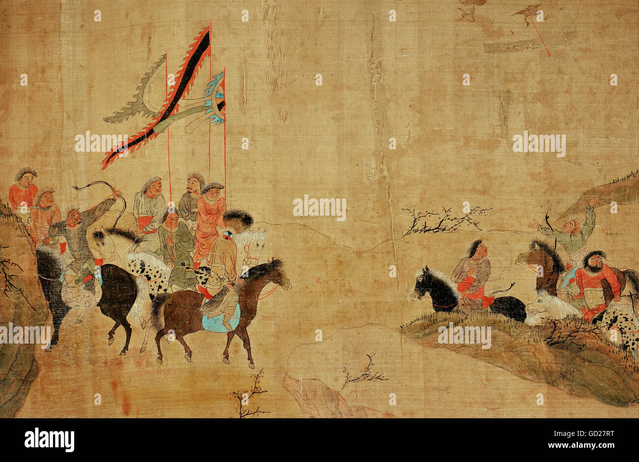 Belle Arti, pittura, Imperatore Temur sulla caccia, 308 x 42 cm, dettaglio, scorrere la pittura su seta, circa 1300, collezione privata, artista del diritto d'autore non deve essere cancellata Foto Stock