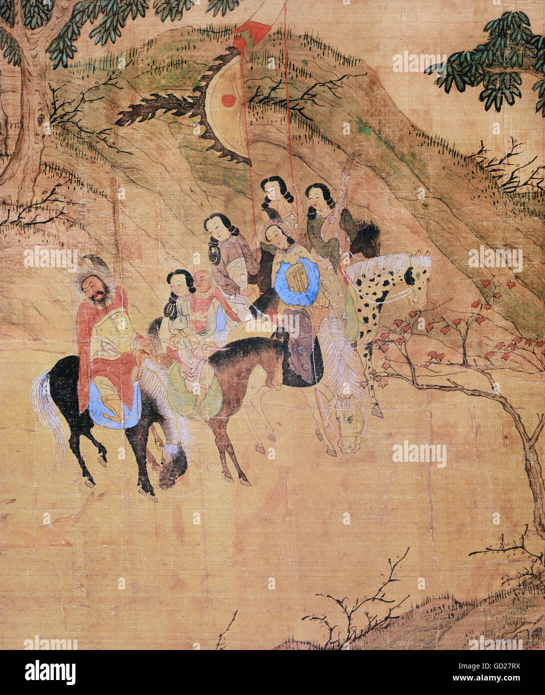 Belle Arti, pittura, Imperatore Temur sulla caccia, 308 x 42 cm, dettaglio, scorrere la pittura su seta, circa 1300, collezione privata, artista del diritto d'autore non deve essere cancellata Foto Stock
