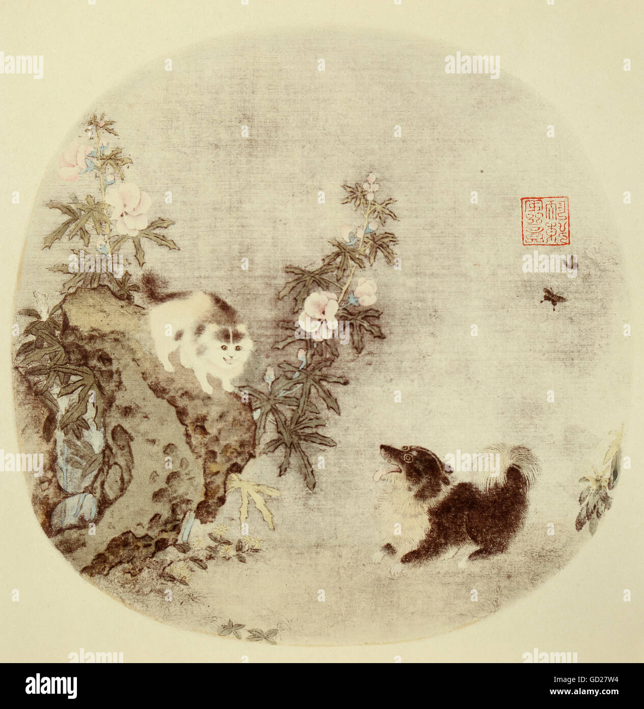 Belle Arti, pittura, 'Come cane e gatto', pittura su seta di ventilatore, inchiostro di china e acquerelli, artista sconosciuto, Song Dynasty (960 - 1127), Museo Nazionale, Taipei, artista del diritto d'autore non deve essere cancellata Foto Stock