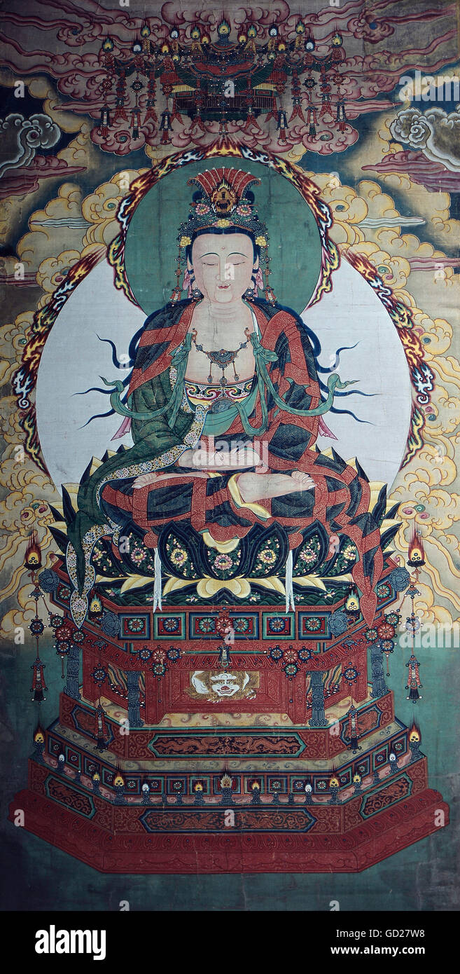 Belle Arti, pittura su seta, Cina, Buddha nella posizione di meditazione, scorrere la pittura, altezza cm 176, XVIII / xix secolo, collezione privata, artista del diritto d'autore non deve essere cancellata Foto Stock