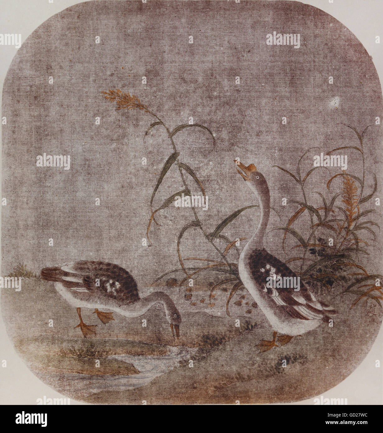 Belle Arti, pittura, due oche selvatiche a waterhole, inchiostro di china e acquerelli su una ventola di seta, Cina, Woo Ping Song Dynasty (960 - 1127), Museo Nazionale, Taipei, artista del diritto d'autore non deve essere cancellata Foto Stock
