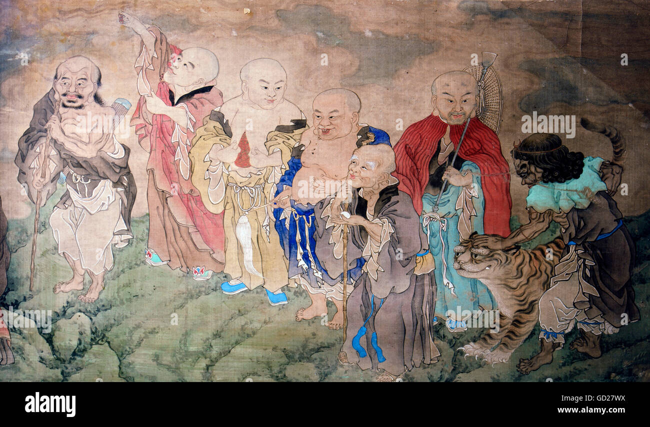Belle Arti, pittura, sette Lohan (studenti di Buddha) con i loro attributi, particolare di un dipinto di scorrimento con il 18 Lohan, inchiostro di china e vernice naturale su seta, artista sconosciuto, circa del XVIII secolo, collezione privata, artista del diritto d'autore non deve essere cancellata Foto Stock