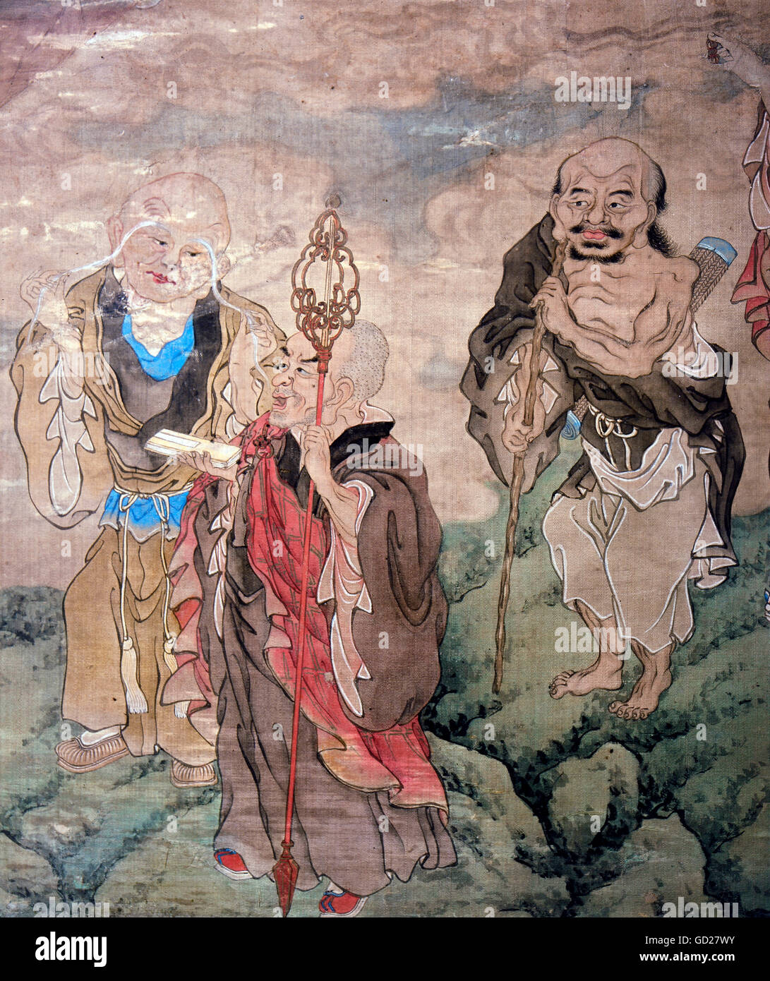 Belle Arti, pittura, tre Lohan (studenti di Buddha) con i loro attributi, particolare di un dipinto di scorrimento con il 18 Lohan, inchiostro di china e vernice naturale su seta, artista sconosciuto, circa del XVIII secolo, collezione privata, artista del diritto d'autore non deve essere cancellata Foto Stock