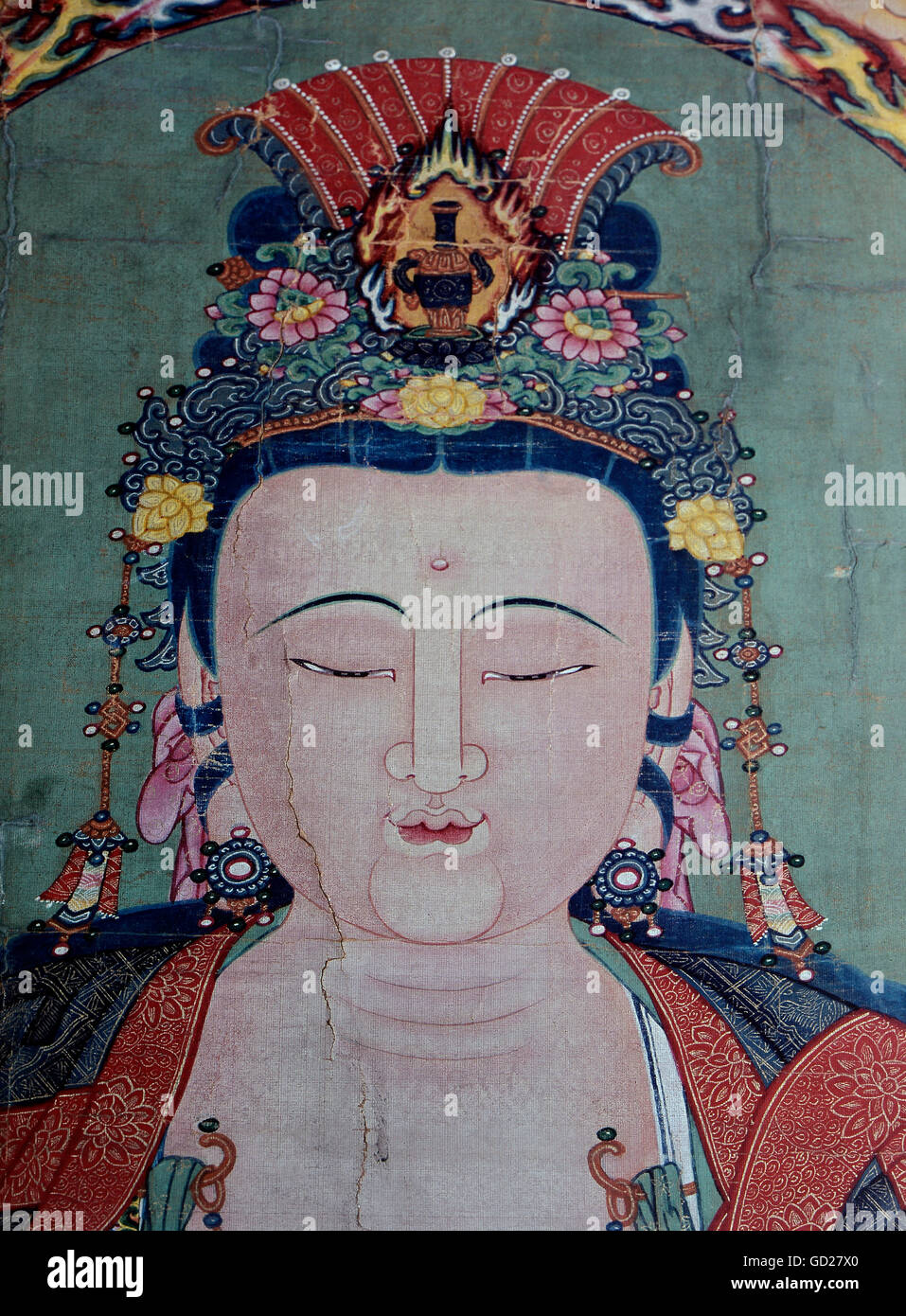 Belle Arti, pittura su seta, Cina, Buddha nella posizione di meditazione, scorrere la pittura, altezza cm 176, XVIII / xix secolo, collezione privata, artista del diritto d'autore non deve essere cancellata Foto Stock