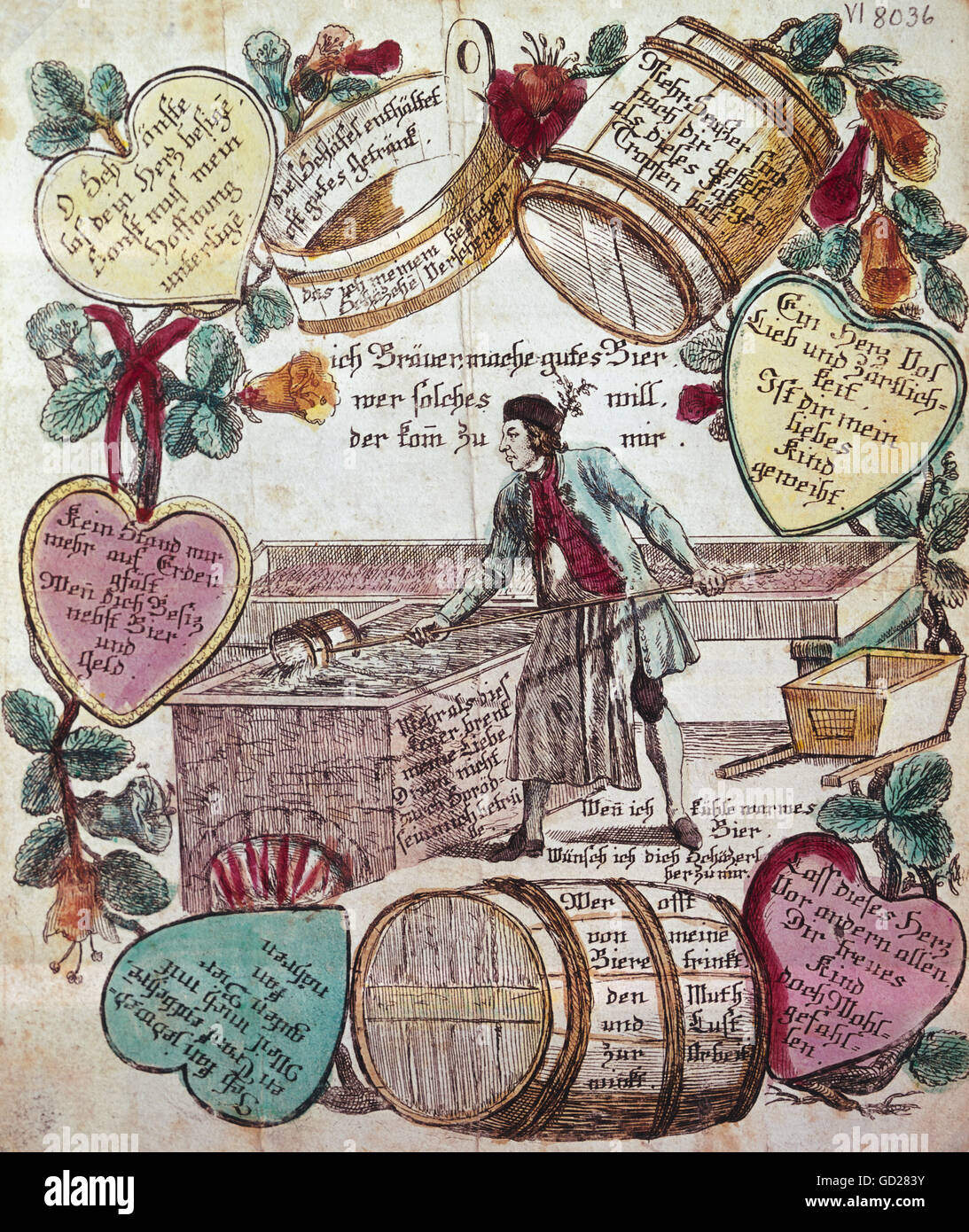 Alcol, birra, lettera d'amore di un birrificio, litografia a penna, colorato a mano, Museo del folclore svizzero, Basilea, colorato, birrificio, birreria, barile, barile, barili, cuori, 19 ° secolo, persone, professione, professioni, lettere, birrai, storico, storico, diritti aggiuntivi-clearences-non disponibili Foto Stock