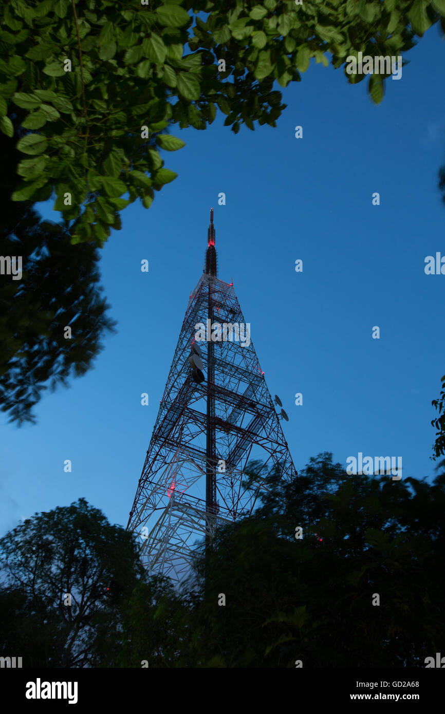 Verticale. Vista serale di una torre di comunicazione trasmettitore sulla cima di una collina nel Bukit Batok Nature Park, Singapore. Foto Stock